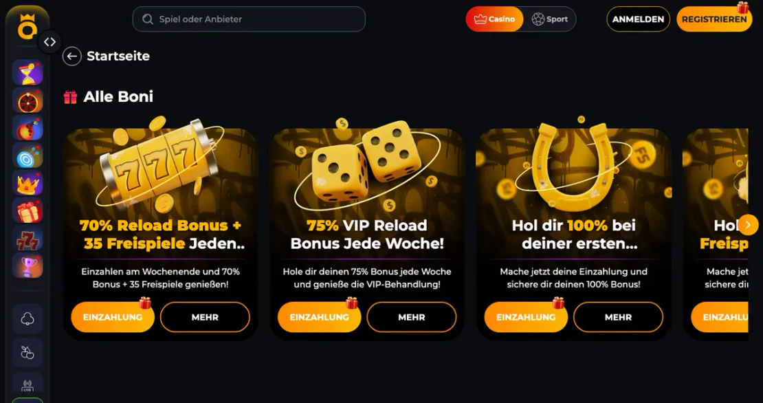 Bonusbereich auf der Website von oro.gg