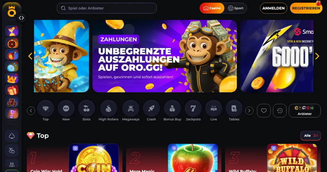Casino-Lobby von oro.gg: Slots auf der Startseite